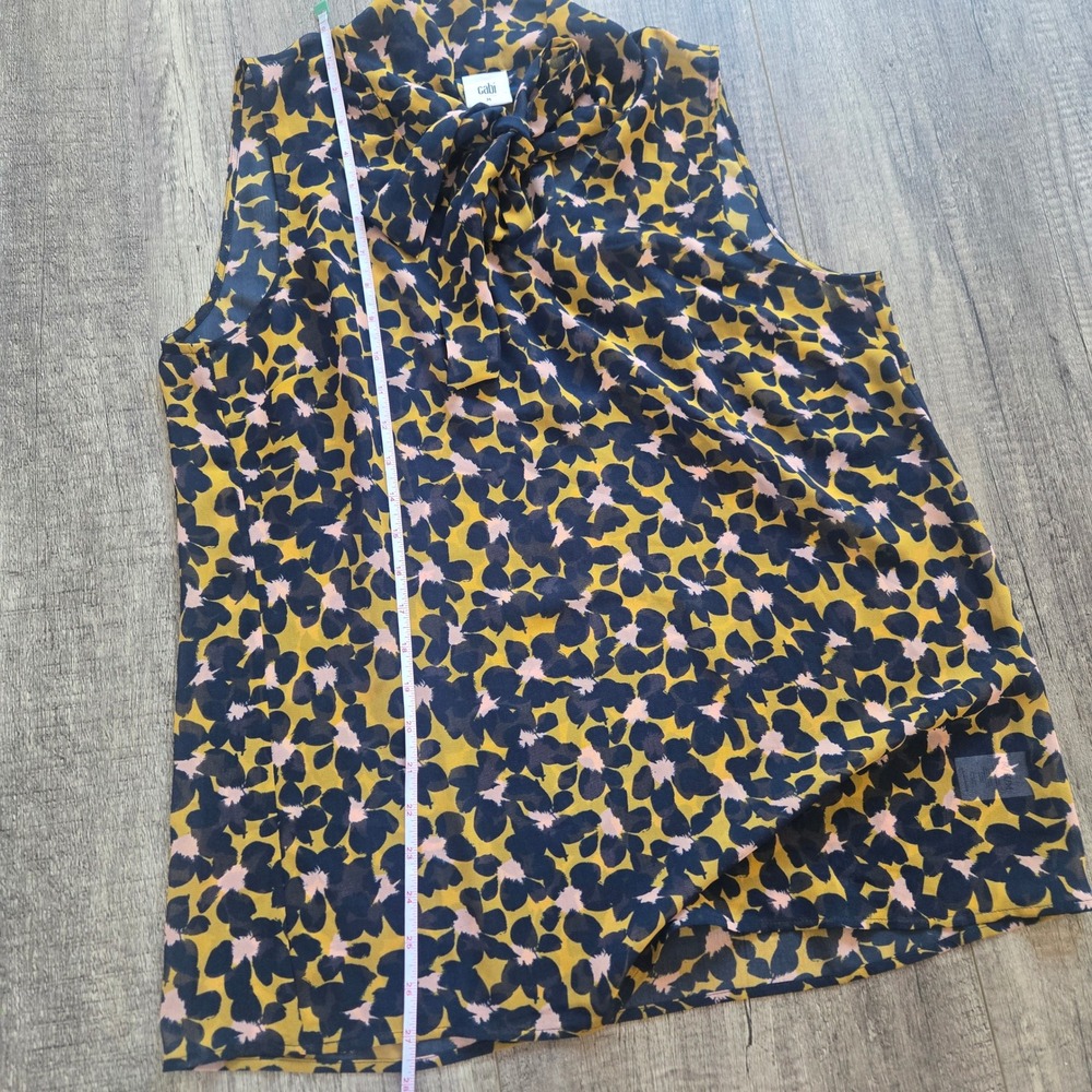Cabi 3790 Sleeveless Tie Neck Blouse Yellow Navy Abstract Floral Chiffon Top M - Picture 7 of 7